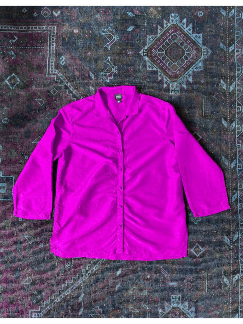 Eileen Fisher Silk Crinkle Mandarin Collar Top | Fuchsia Pink | Size XS